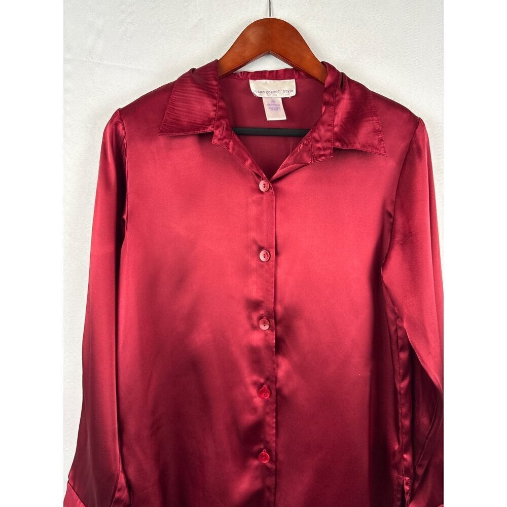 Susan Graver Style Satin Button-Up Blouse XS Red
